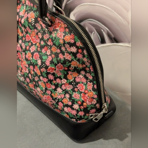 Coach Pink and Black Floral Leather & Canvas Satchel & Bonus Cherry Charm - Picture 10 of 16
